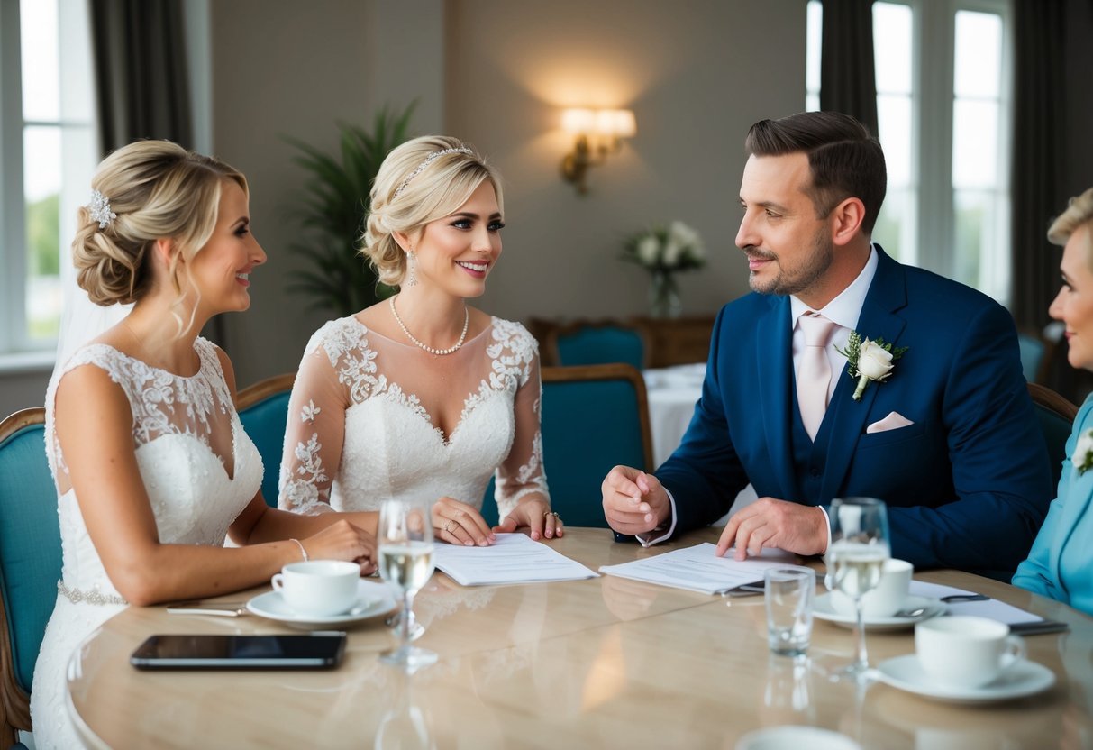 The bride's and groom's families sit at a table, discussing wedding expenses and sharing financial responsibilities