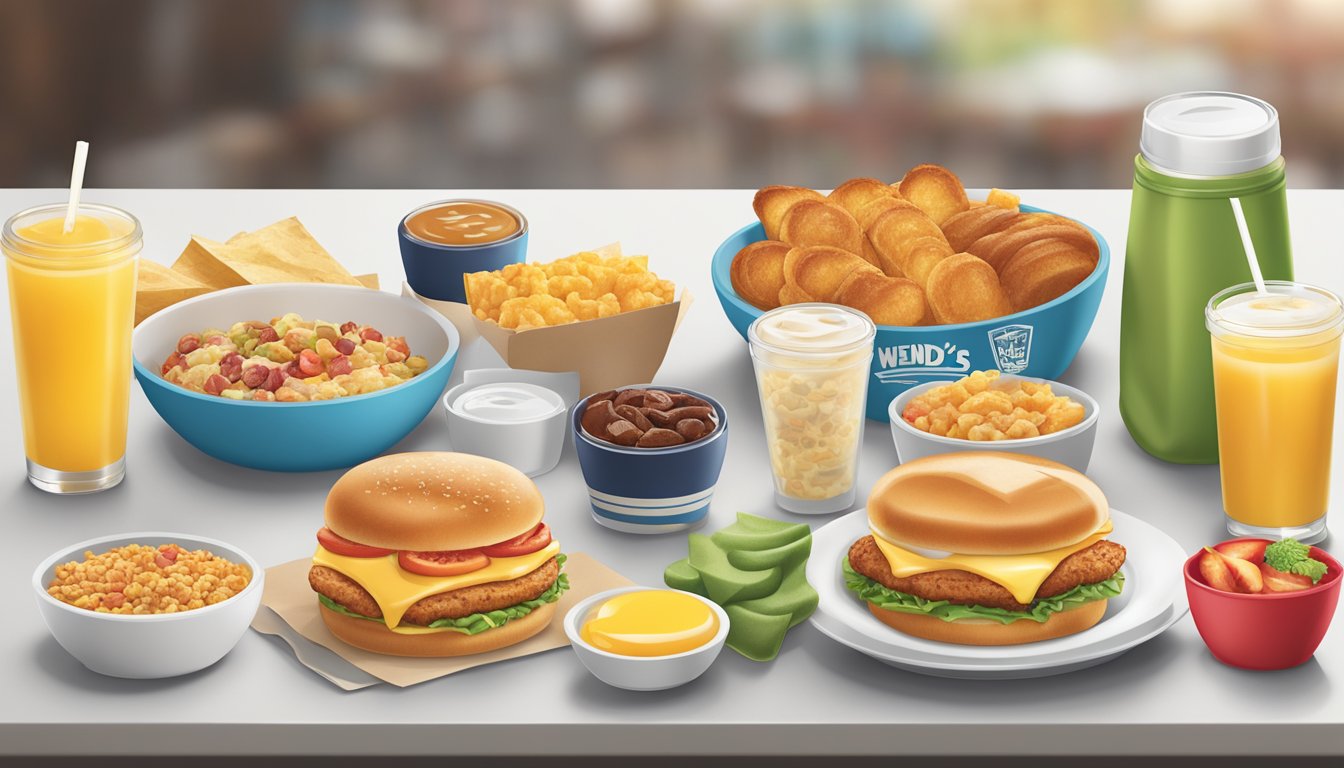 A table with a variety of Wendy's breakfast items, including nutritional information labels and special diet options