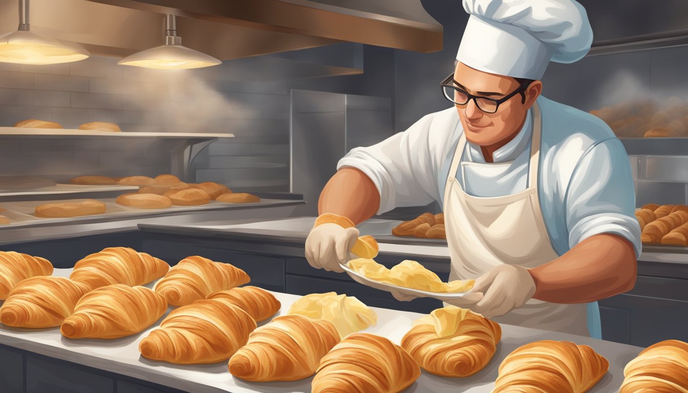 A baker carefully layers flaky croissant dough around a savory filling, creating the iconic Croissan'wich. The aroma of butter and warm pastry fills the kitchen