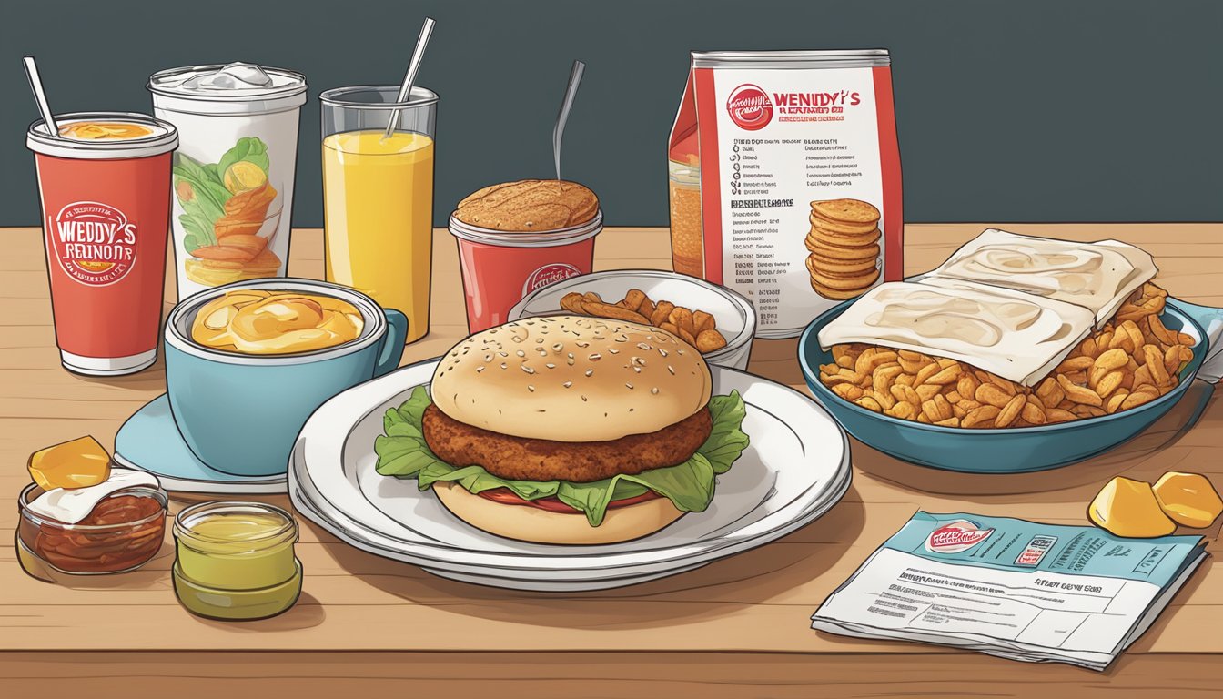 A table with various Wendy's breakfast items arranged with their nutritional information displayed alongside them