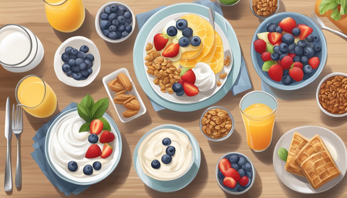 A table set with a variety of breakfast items, including fresh fruit, yogurt, granola, and a selection of gluten-free and vegan options