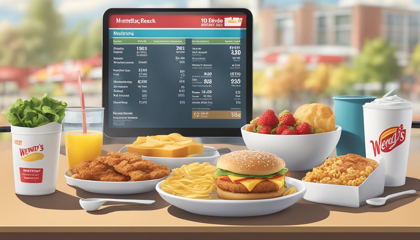 A table with various Wendy's breakfast items and their corresponding nutritional information displayed on a digital screen