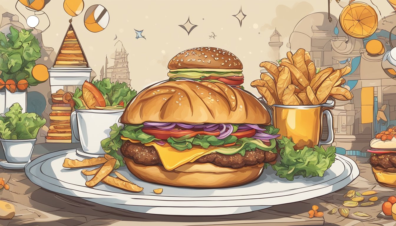 A croissant and burger fusion evolves over time, surrounded by cultural symbols and festive decorations