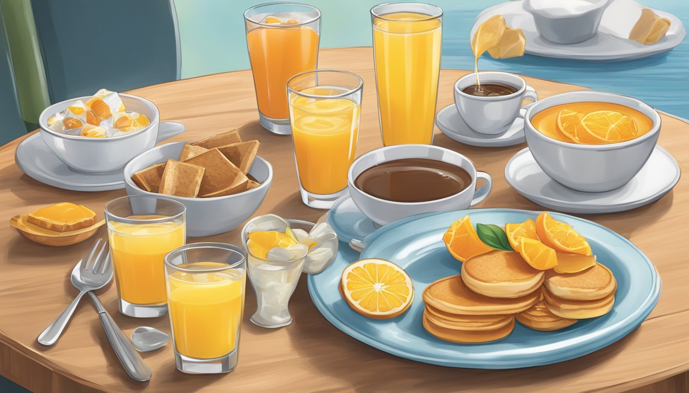 A table set with a variety of beverages - coffee, orange juice, and water - alongside a Wendy's breakfast spread