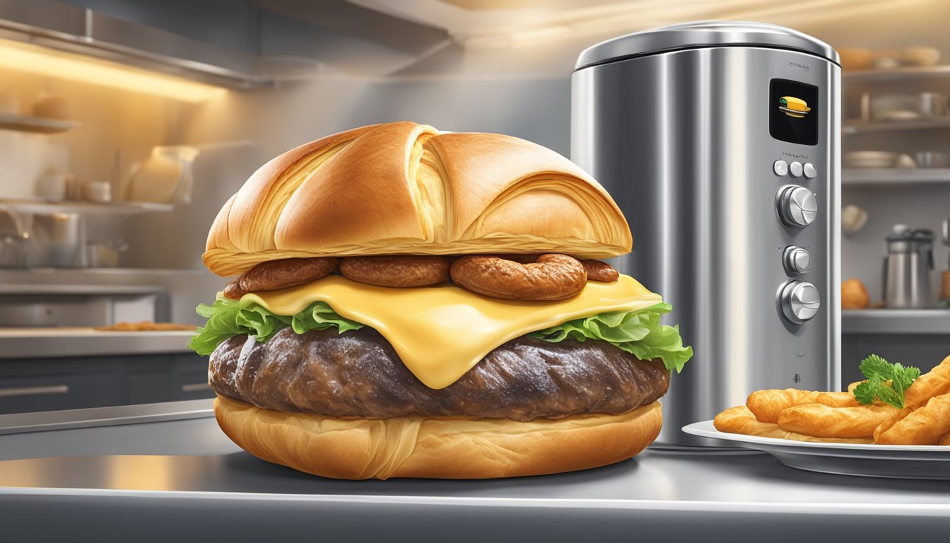 A buttery croissant and savory sausage patty merge into a mouthwatering Croissan'wich, surrounded by a futuristic backdrop of sleek, metallic kitchen appliances