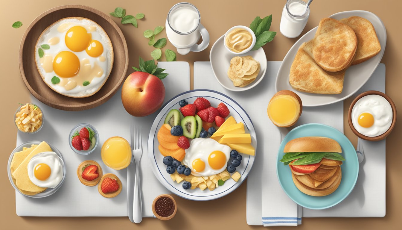 A table with diverse breakfast options labeled "Loyalty Rewards and Promotions Wendy's Breakfast for Special Diets" with a variety of food items such as fruits, yogurt, and gluten-free options