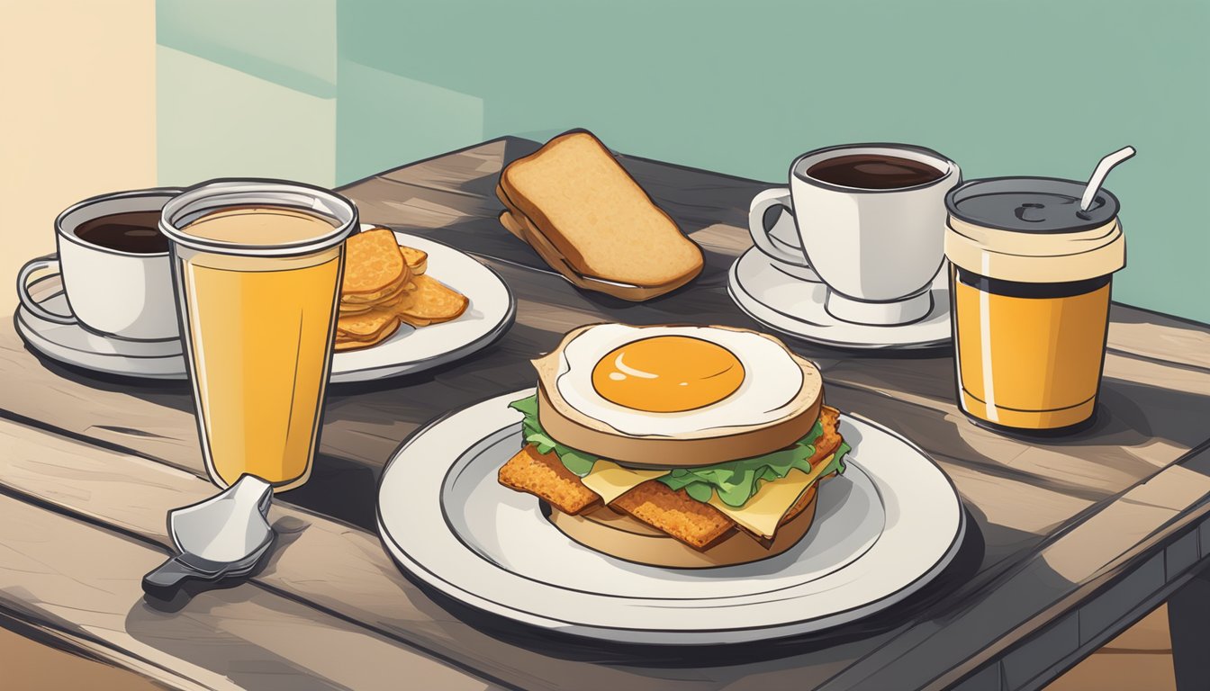 A table with a breakfast spread including a sandwich, coffee, and hashbrowns, all packaged in eco-friendly materials