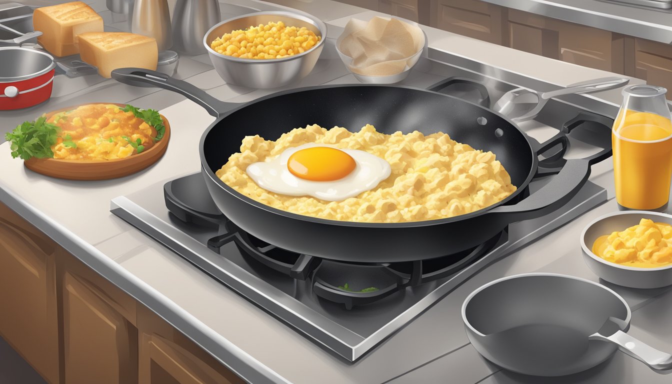 A sizzling skillet of fluffy scrambled eggs being prepared in a bustling Burger King kitchen, surrounded by various ingredients and cooking utensils