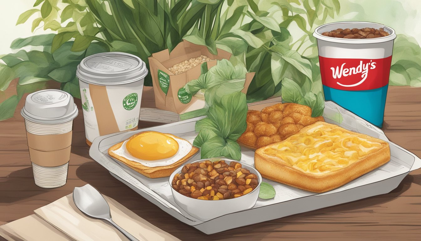 A table with eco-friendly Wendy's breakfast packaging, surrounded by recyclable materials and plants, with a focus on sustainability and environmental impact