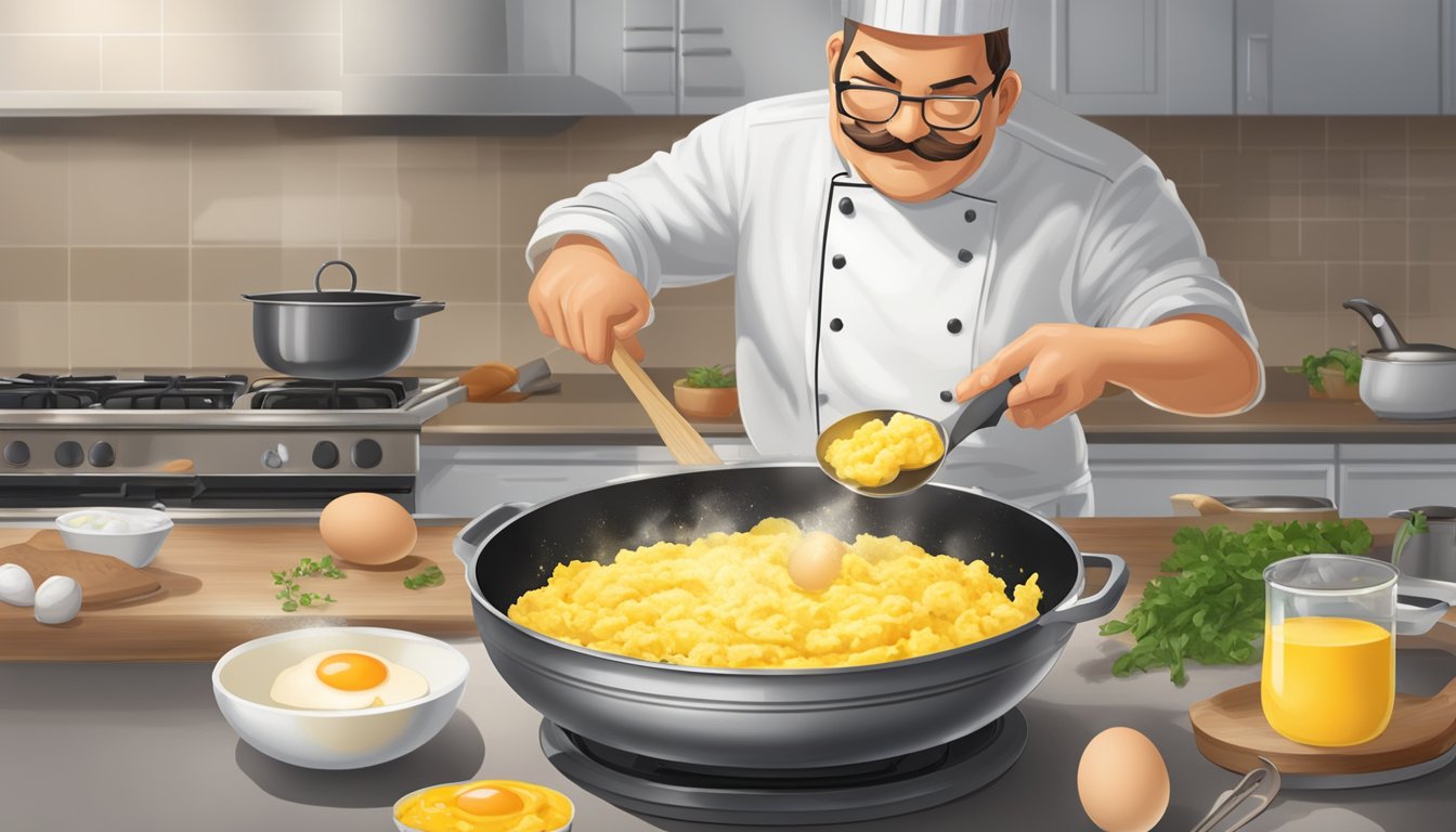 A chef carefully cracks an egg into a bowl, whisking it vigorously to create fluffy scrambled eggs. A sizzling skillet awaits the mixture, ready to transform it into a delicious breakfast dish