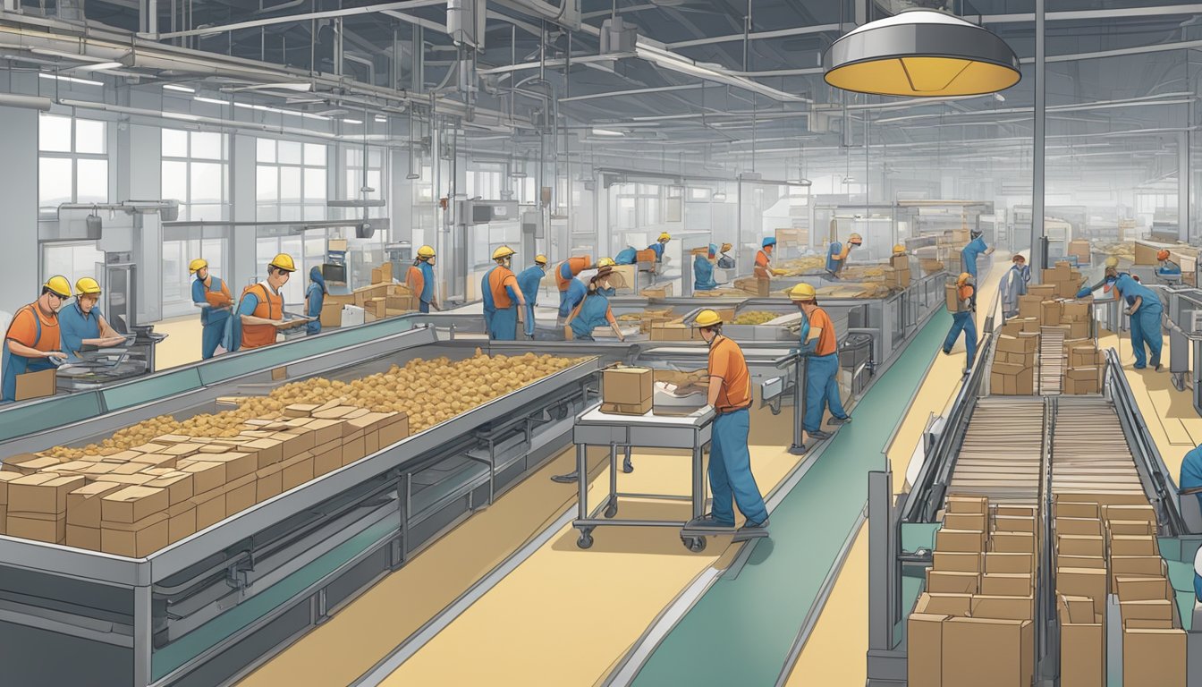 A bustling factory floor with workers sorting and packing eco-friendly materials into Wendy's breakfast packaging. A conveyor belt moves the finished products towards the loading dock