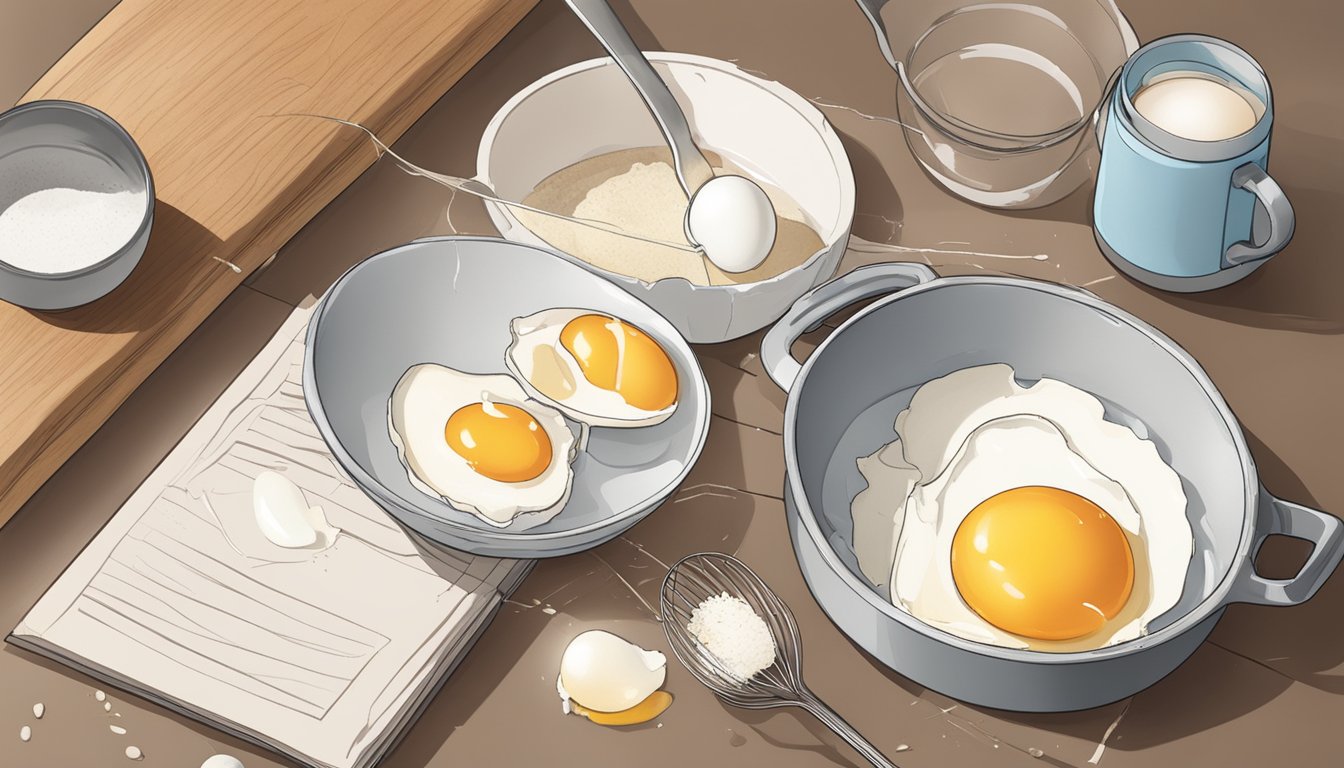 A cracked eggshell sits beside a whisk and measuring cups on a clean kitchen counter. A recipe book is open to a page titled "Fluffy Eggs."