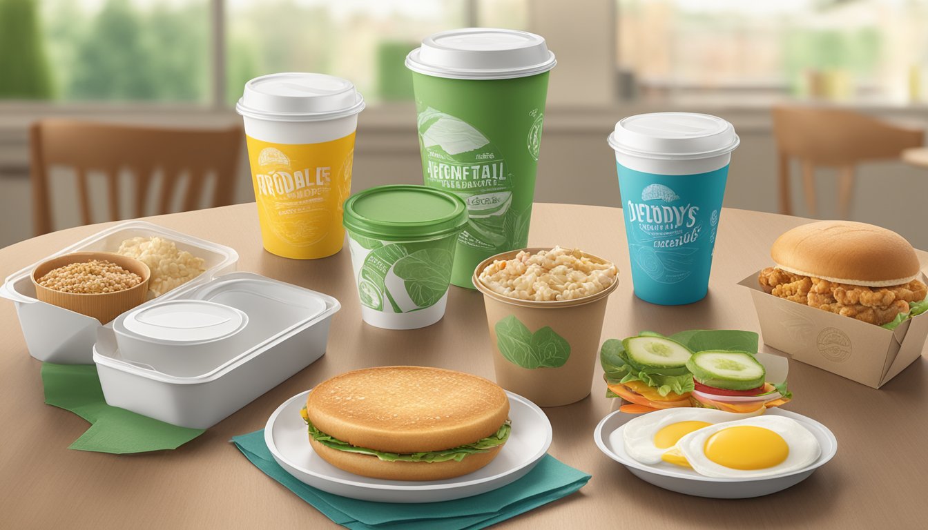 A table with various eco-friendly packaging options for Wendy's breakfast items, including compostable cups and biodegradable containers