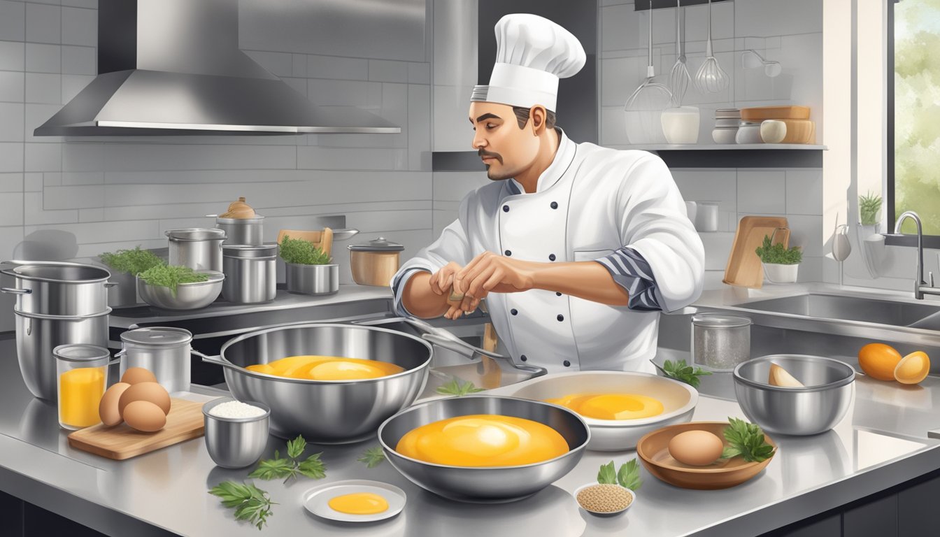 A chef in a modern kitchen, surrounded by ingredients and equipment, carefully whisking eggs in a stainless steel bowl