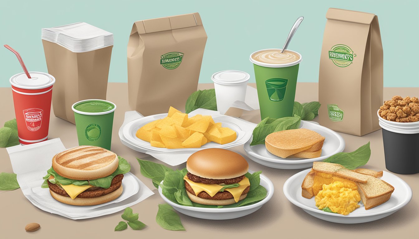 A table with a variety of eco-friendly packaging options for Wendy's breakfast items, including compostable cups, recyclable paper bags, and biodegradable utensils