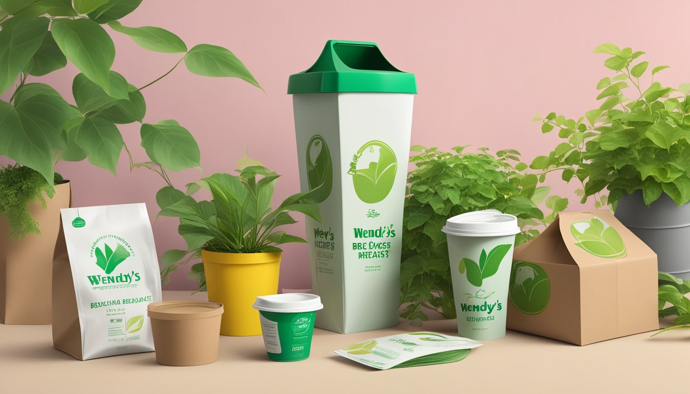 A table with eco-friendly Wendy's breakfast packaging surrounded by green plants and a recycling bin