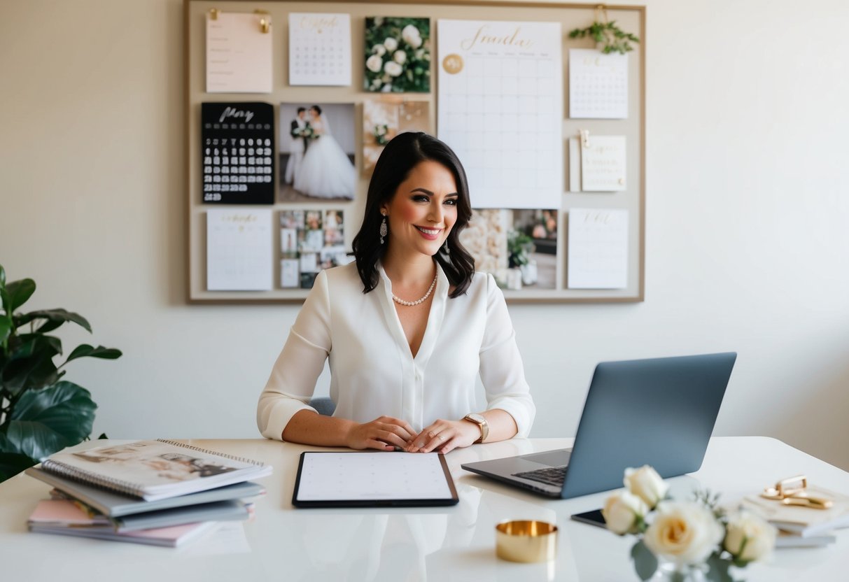 A wedding planner at a desk with a laptop and calendar, surrounded by wedding magazines and a mood board