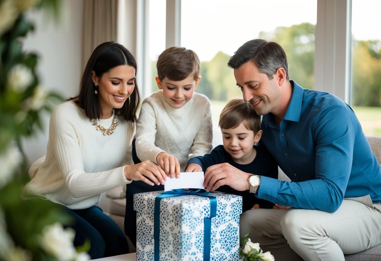 A family of 4 placing an envelope into a decorative wedding gift box