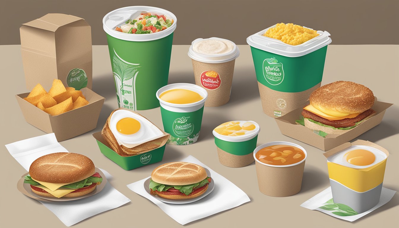 A table with a variety of eco-friendly packaging options for Wendy's breakfast items, including compostable cups and recyclable containers