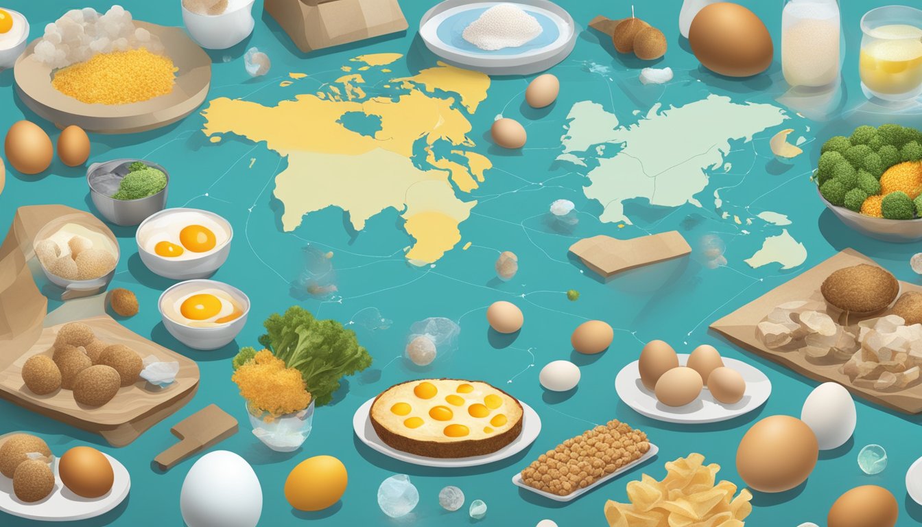 A global map with various food items floating around a scientific lab, with a focus on fluffy eggs being studied