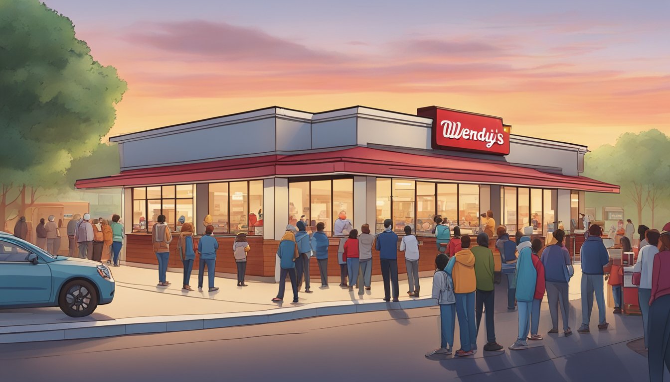 A bustling Wendy's restaurant at dawn, with a line of customers eagerly waiting to try the new breakfast menu items