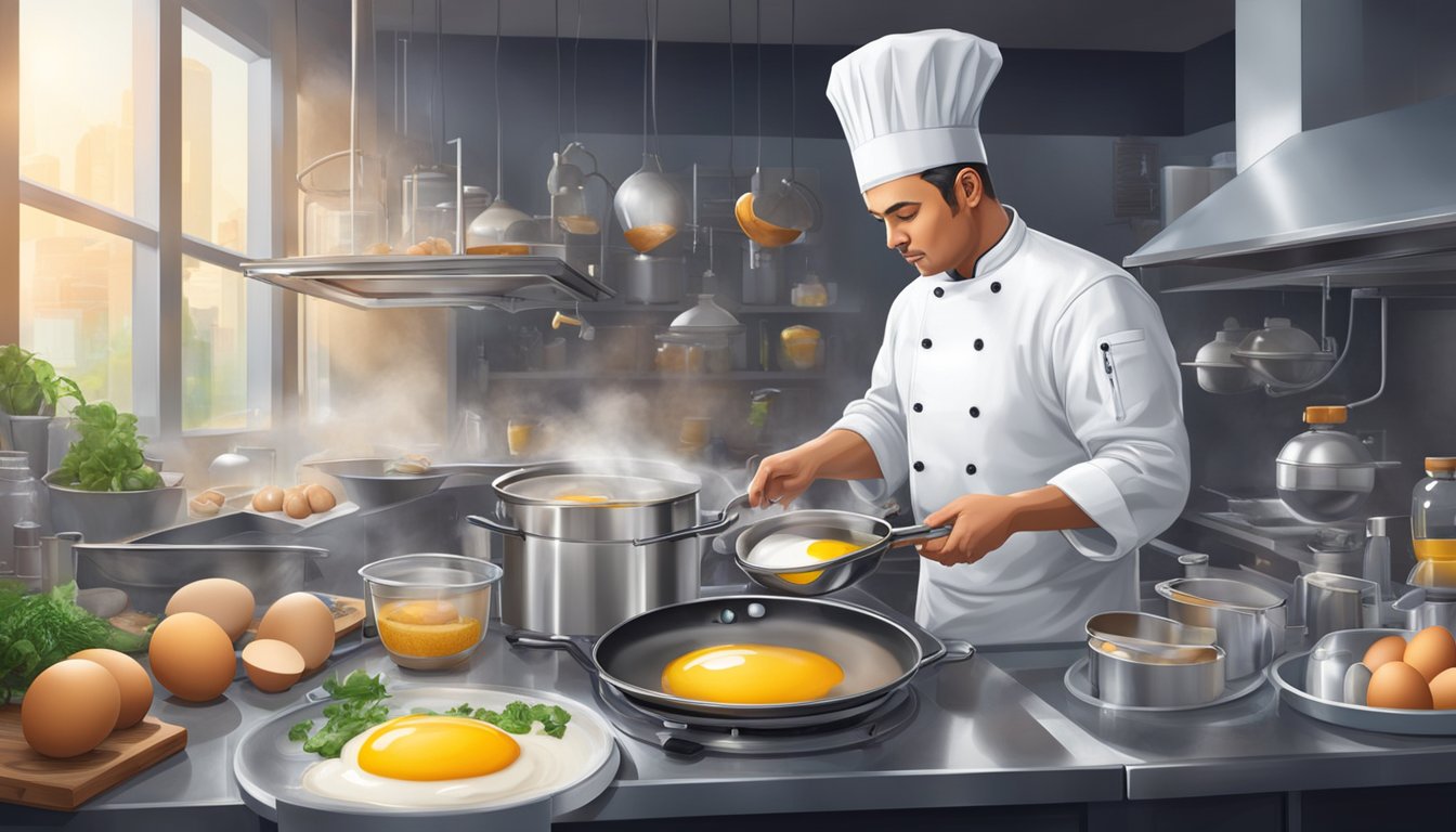 A chef in a futuristic kitchen carefully pours a mixture of eggs into a sizzling pan, while high-tech equipment and ingredients surround them