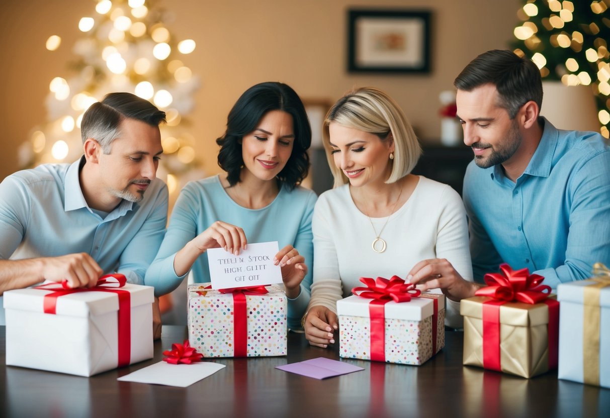 A family of 4 deliberates over a wedding gift, surrounded by gift-wrapped packages and a decorative card. They consider their options and weigh the appropriate amount to give