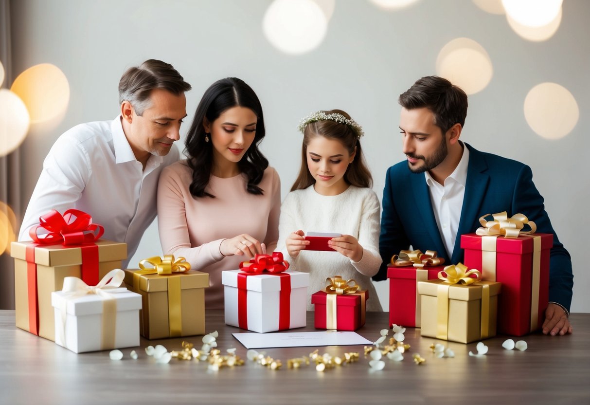 A family of 4 deliberates over a wedding gift, surrounded by gift boxes and a wedding invitation. They discuss and calculate the appropriate amount