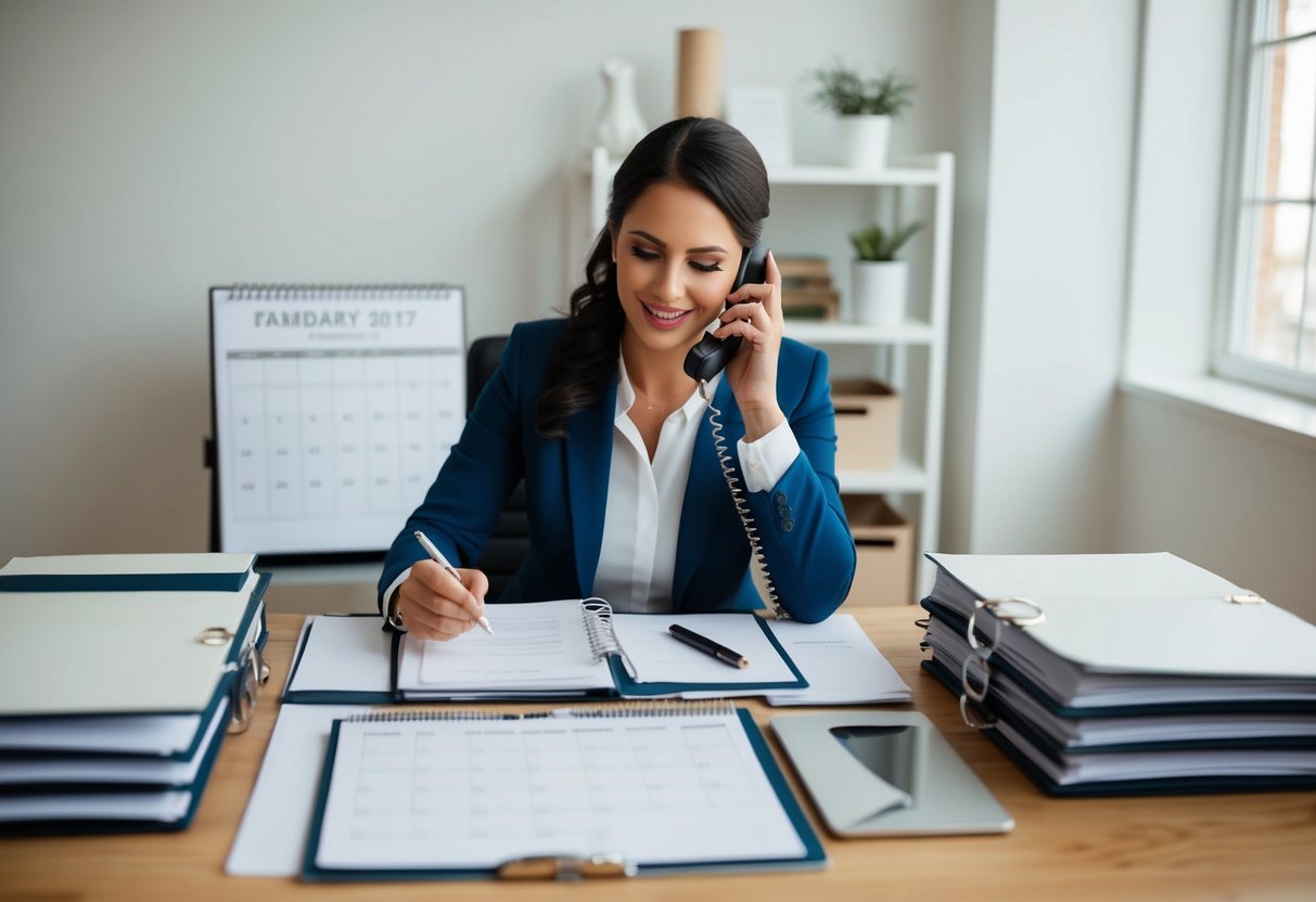 A wedding planner sitting at a desk, surrounded by files and a calendar, speaking on the phone with a client while taking notes