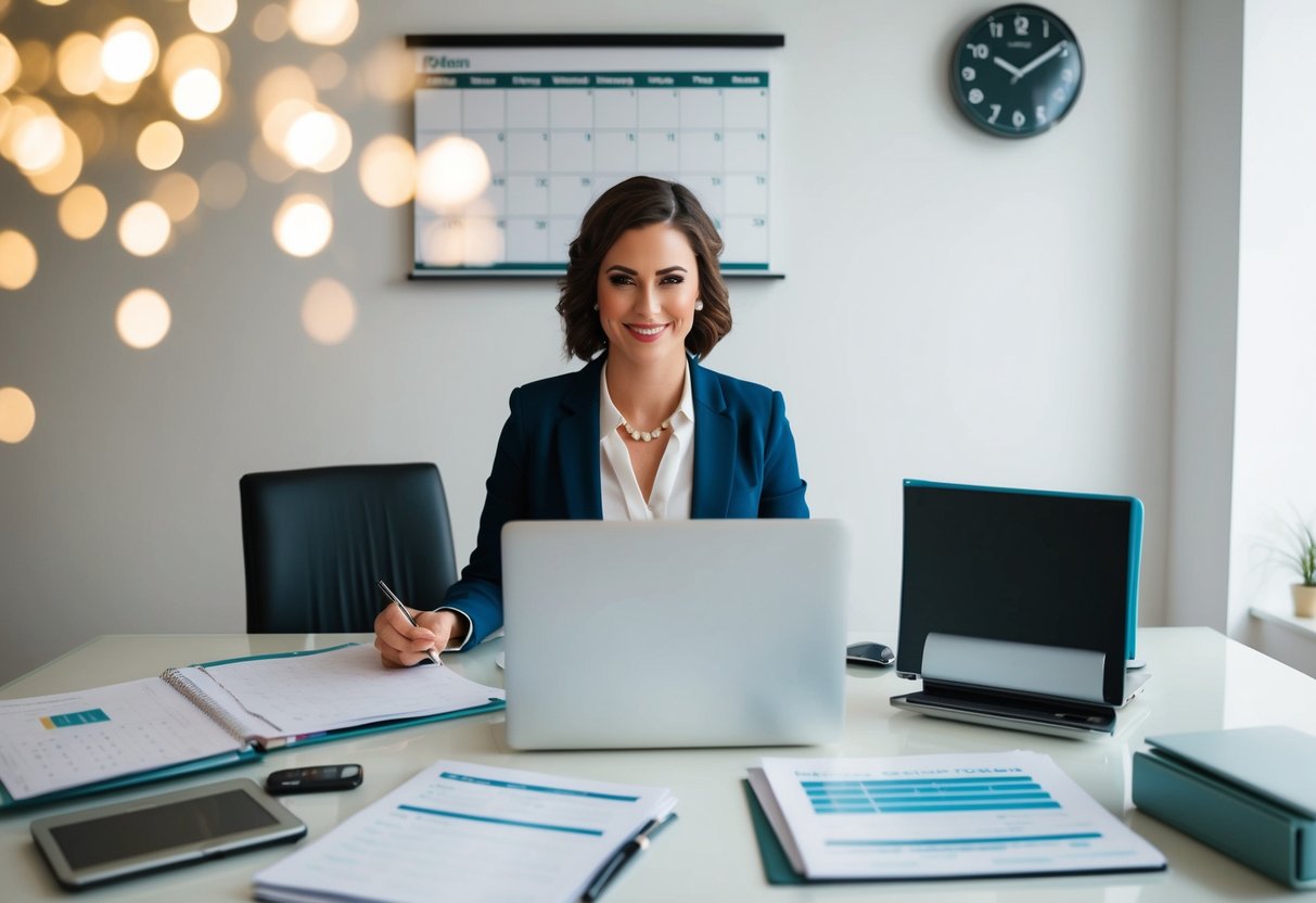 A wedding planner at a desk, surrounded by a laptop, calendar, and financial documents. A clock on the wall shows the passing time