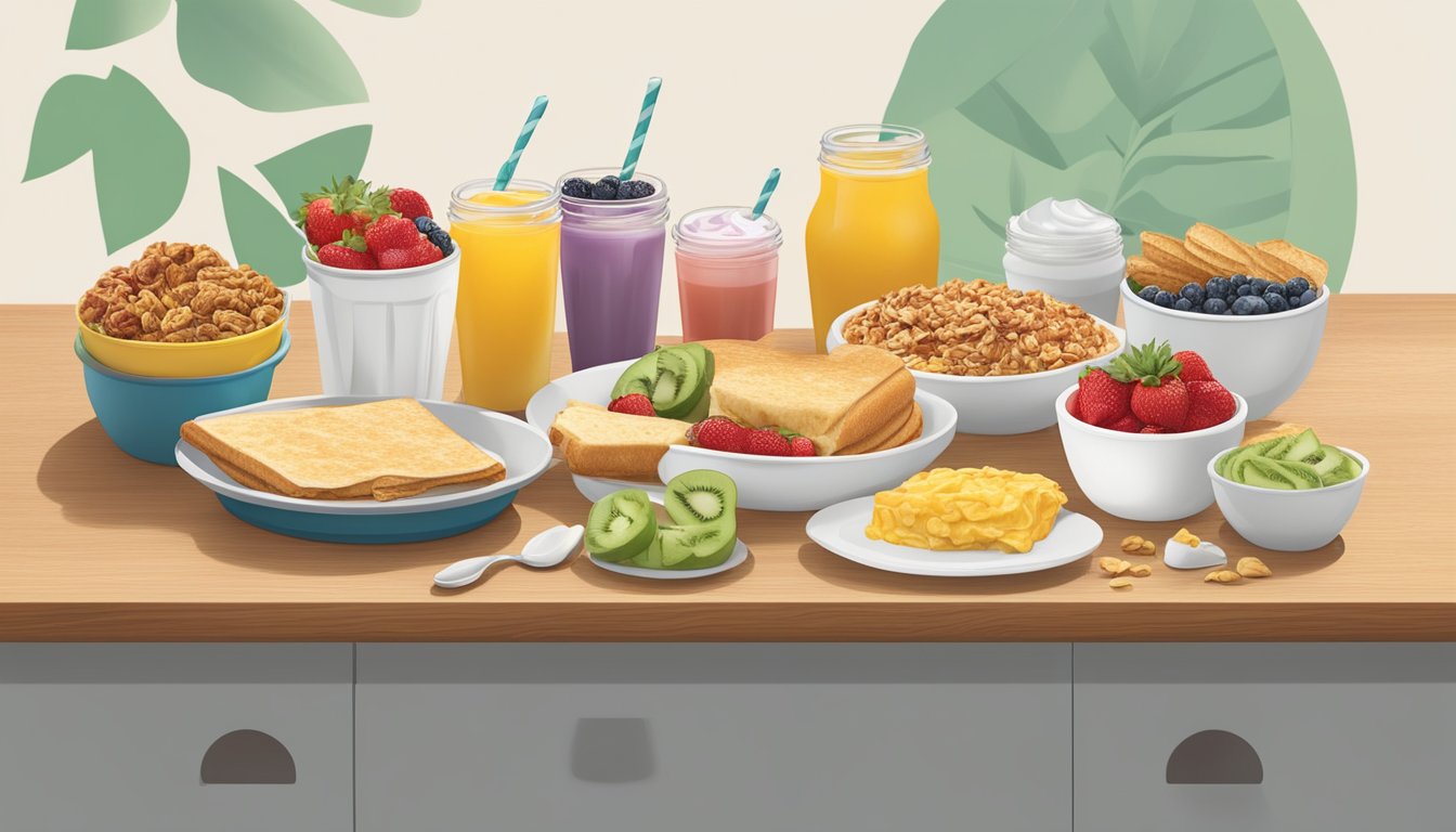 A breakfast table with a spread of customizable sides and toppings, including fresh fruit, yogurt, granola, and various condiments, next to a tray of Wendy's breakfast sandwiches and wraps