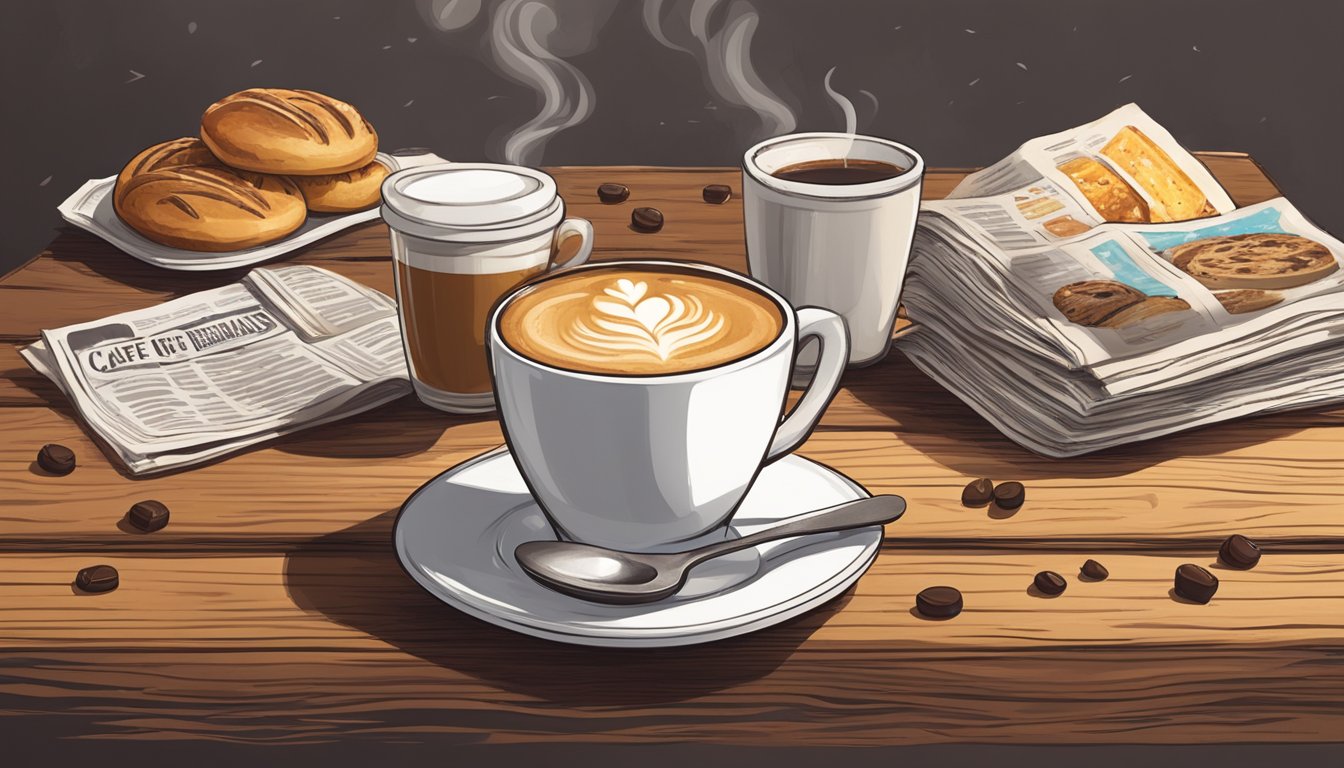 A steaming cup of BK Café BK's breakfast coffee sits on a rustic wooden table, surrounded by freshly baked pastries and a morning newspaper