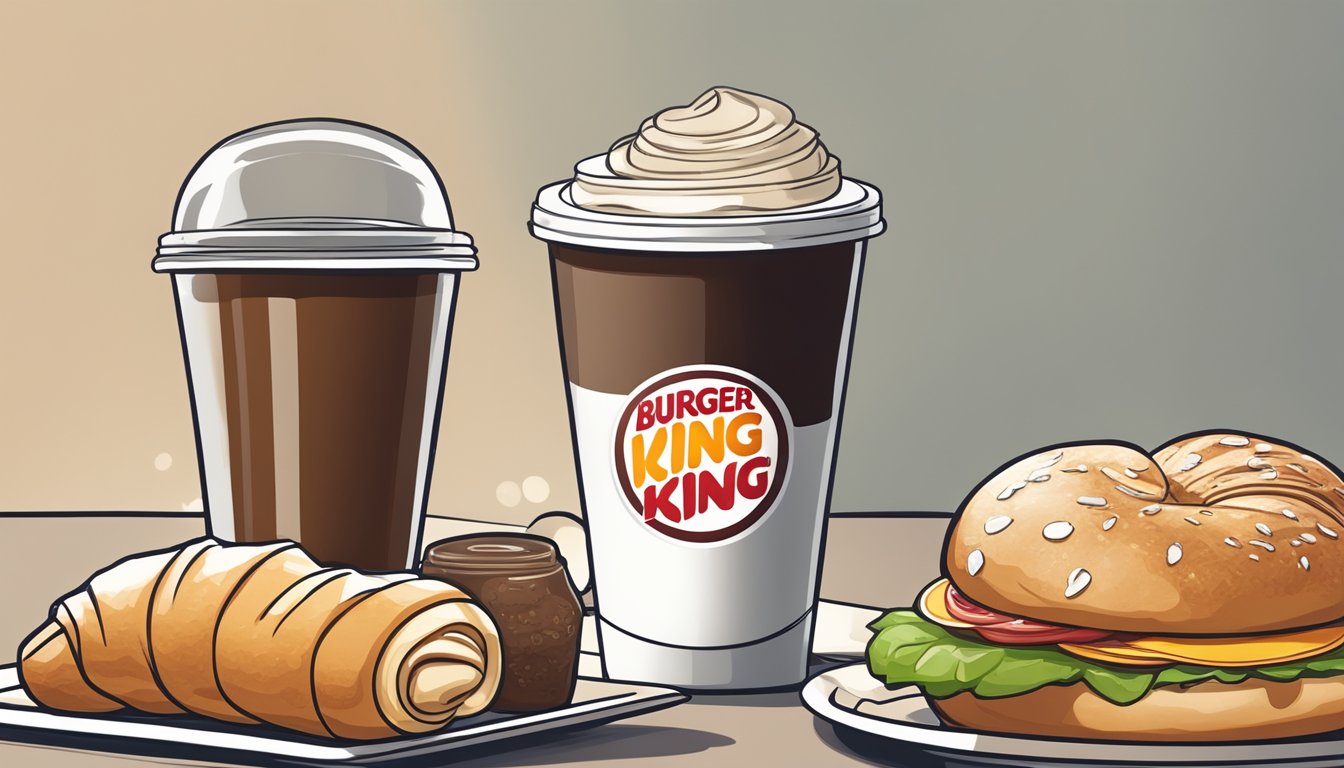 A steaming cup of coffee sits next to a freshly made croissant and a juicy breakfast sandwich on a tray at Burger King