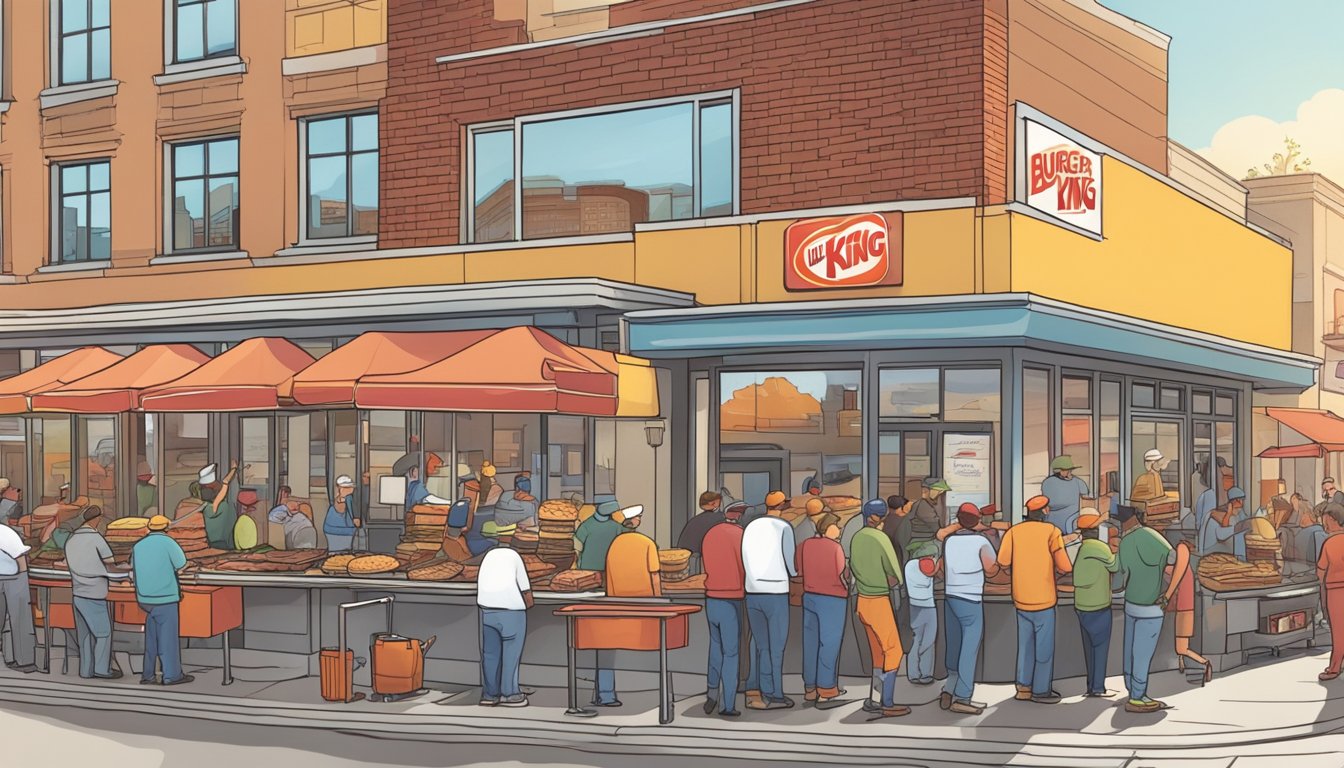 The sun rises over a bustling city street. A chef flips sizzling bacon on a griddle while a worker assembles a towering breakfast sandwich. Customers eagerly line up outside the newly opened Burger King