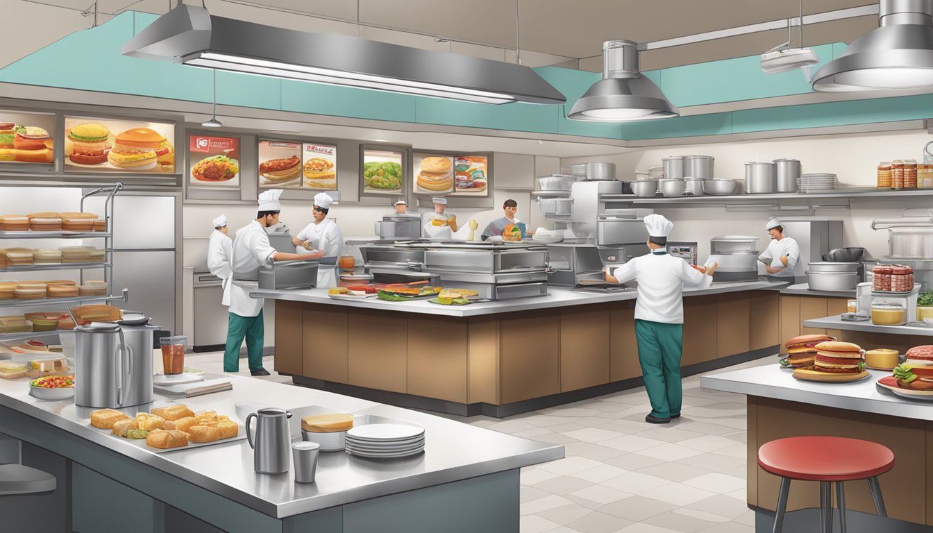 A bustling Wendy's kitchen with chefs preparing a variety of breakfast items, including customizable sandwiches and freshly brewed coffee