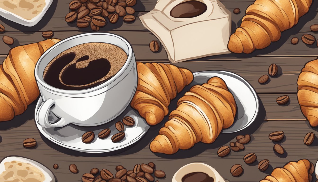 A steaming cup of breakfast coffee sits on a rustic wooden table, surrounded by scattered coffee beans and a freshly baked croissant