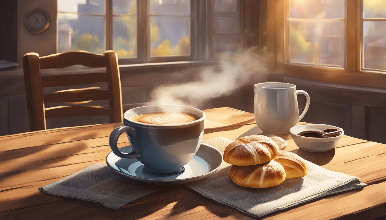 A steaming cup of coffee sits on a rustic wooden table, surrounded by freshly baked pastries and a morning newspaper. Sunlight filters through a window, casting a warm glow on the scene