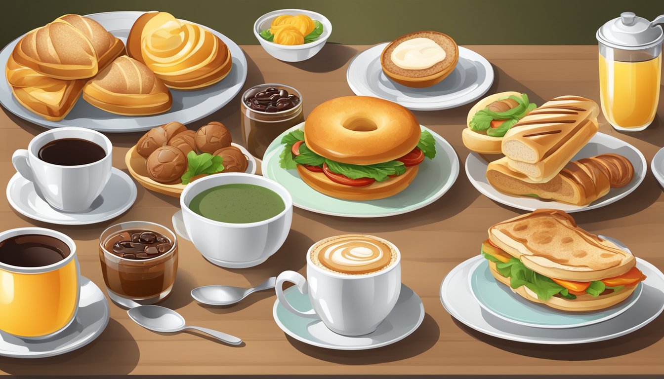 A table set with a variety of breakfast items, including sandwiches, coffee, and pastries, arranged neatly for presentation