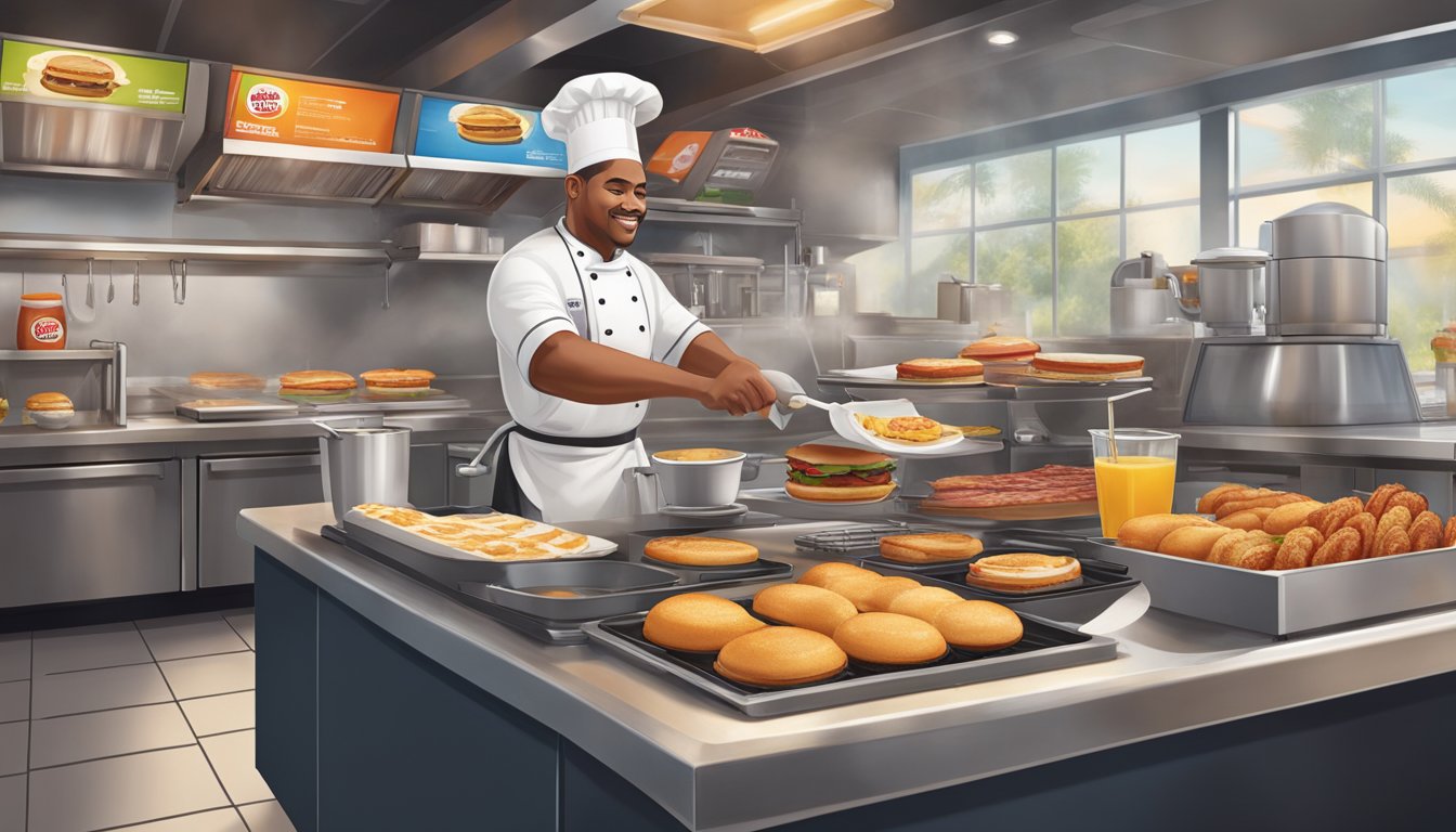 A chef in a Burger King kitchen prepares a variety of breakfast items, including pancakes, eggs, bacon, and coffee. The atmosphere is bustling and energetic as the team works to create innovative breakfast options