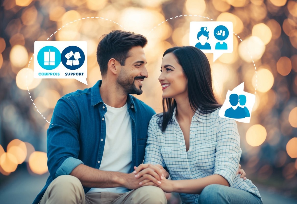 A couple sitting together, surrounded by symbols of communication, compromise, and support