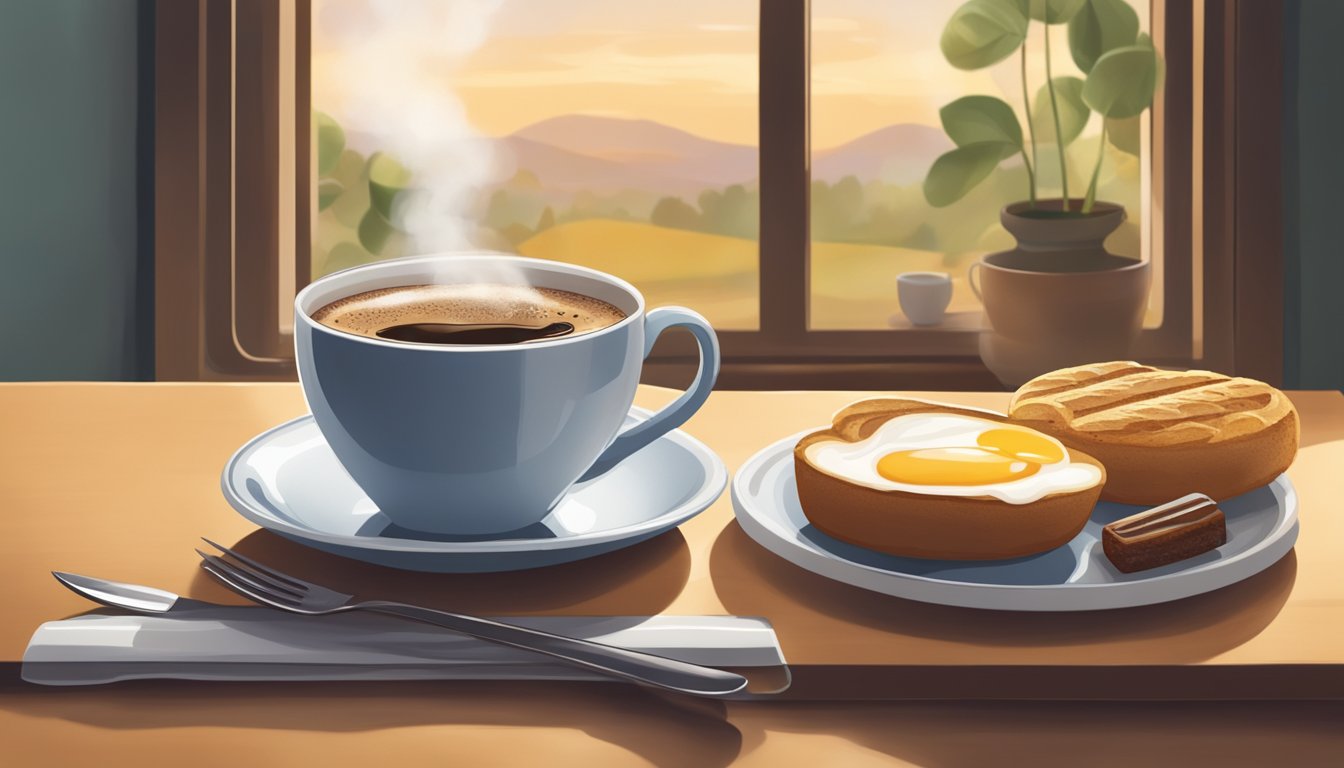 A steaming cup of coffee sits next to a freshly made breakfast plate, with a warm and inviting atmosphere