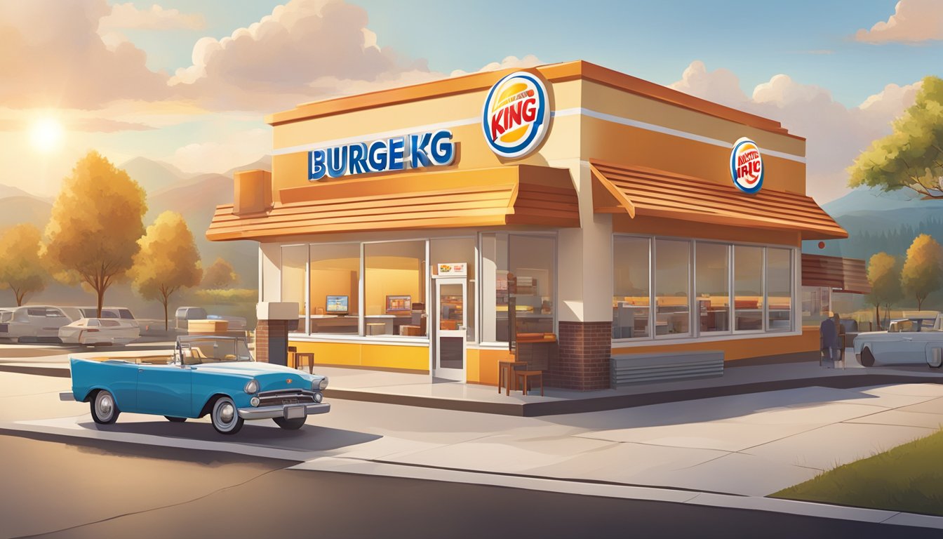 A sunny morning scene at a Burger King restaurant, with a table set with breakfast combo meals and the iconic Burger King logo prominently displayed