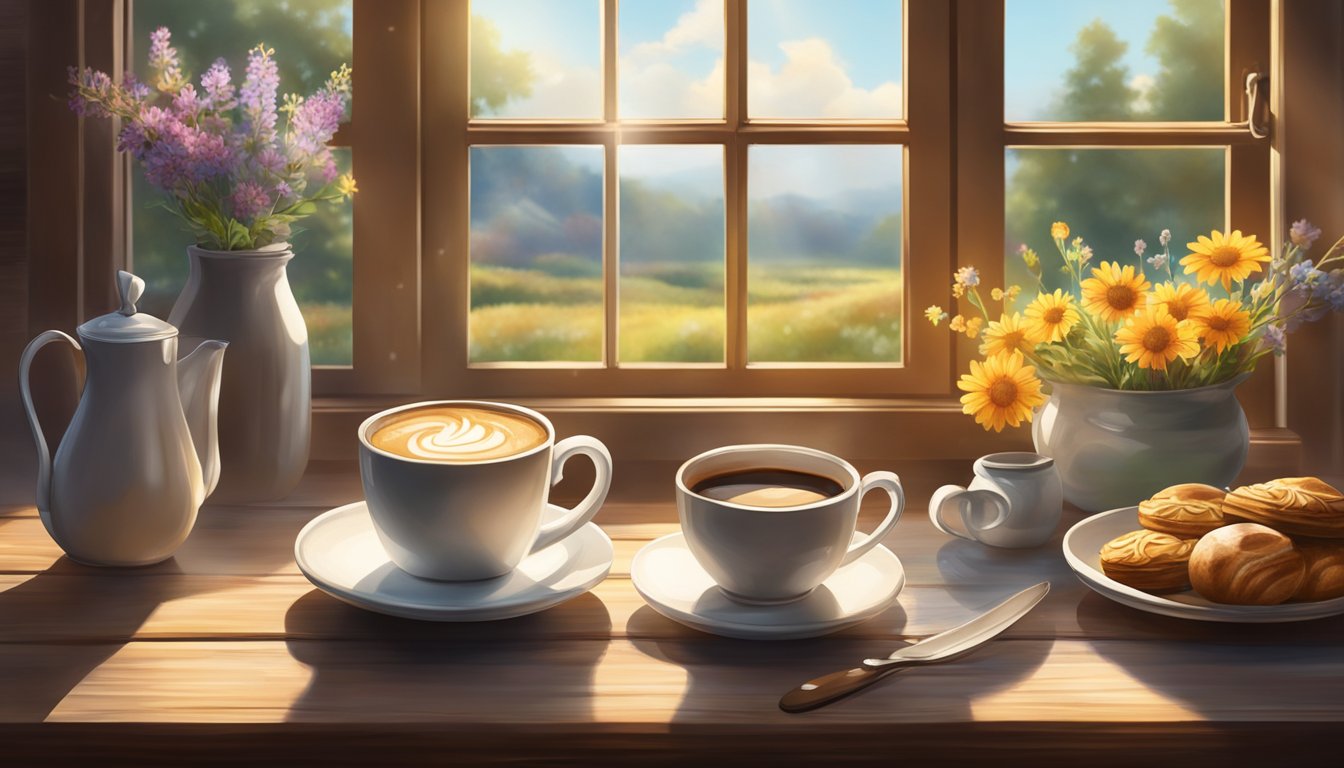 A steaming cup of coffee sits on a rustic wooden table, surrounded by a spread of freshly baked pastries and a vase of wildflowers. Sunlight streams through a nearby window, casting a warm glow over the scene