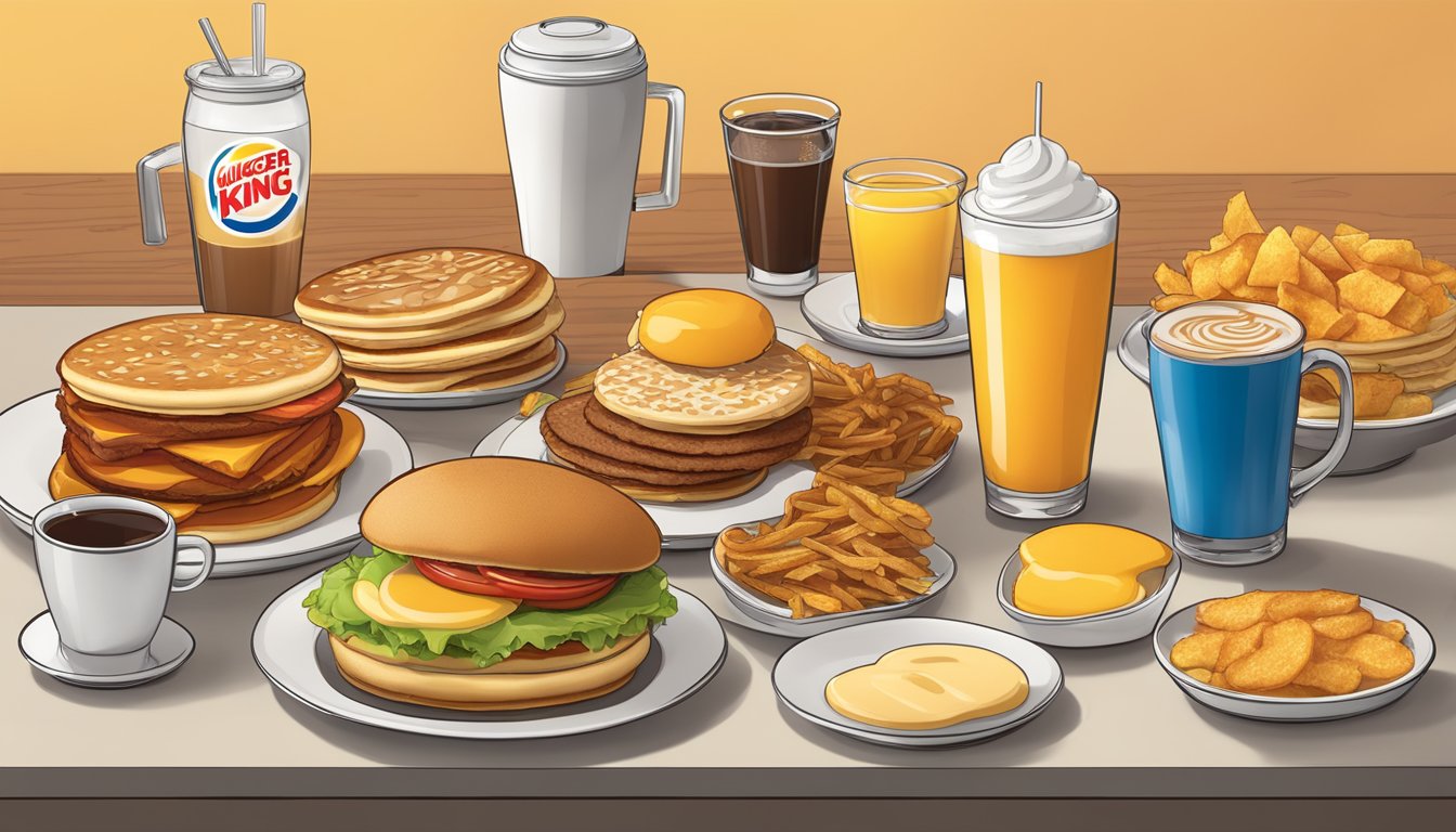 A table with a variety of breakfast items including coffee, orange juice, pancakes, and hash browns, all branded with the Burger King logo