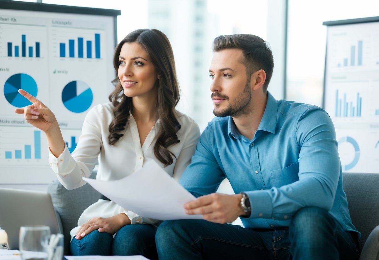 A couple sitting together, surrounded by charts and graphs. The woman gestures toward a chart while the man listens intently, both looking engaged and thoughtful