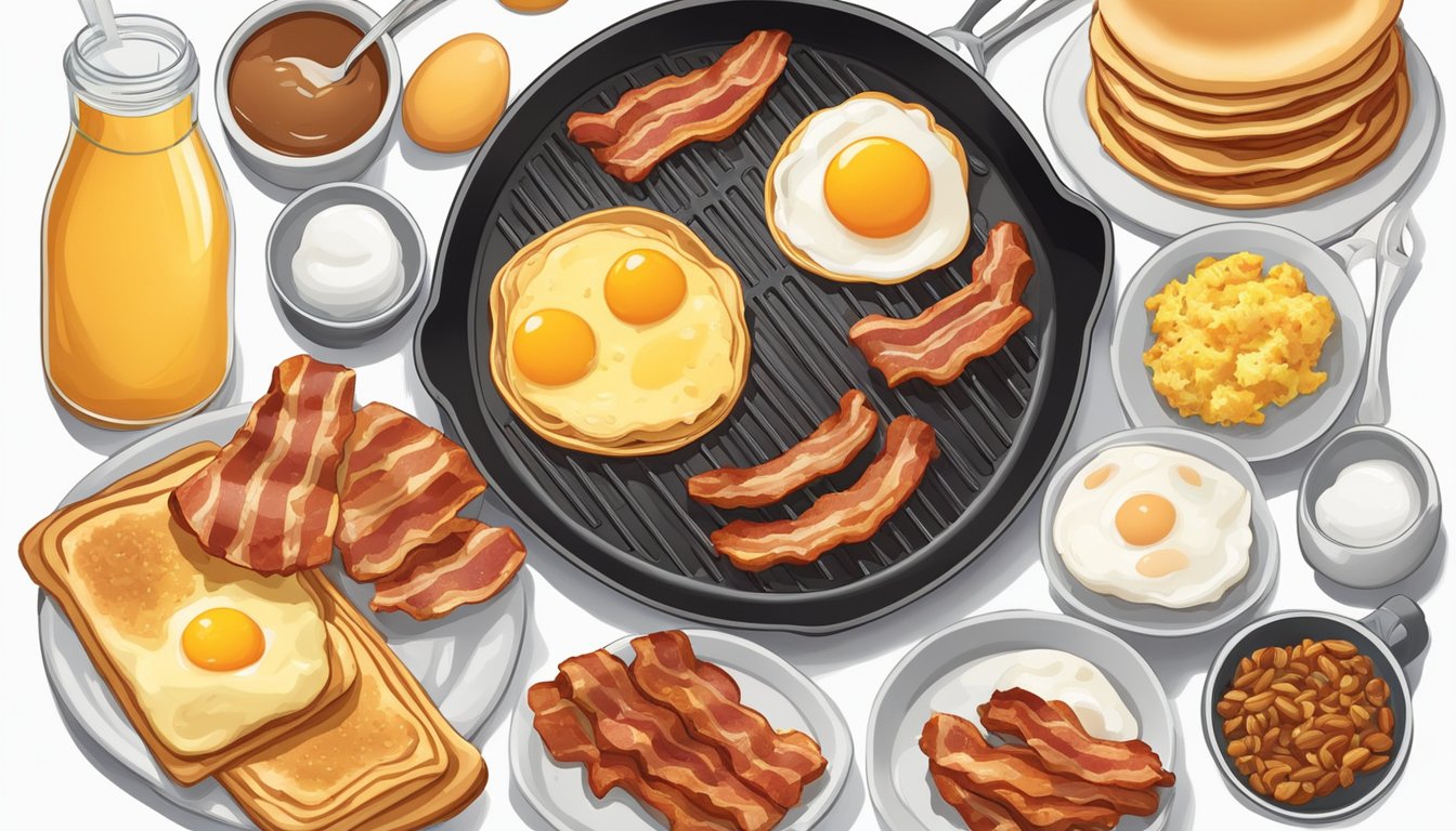 A sizzling griddle cooks up a spread of breakfast items: crispy bacon, fluffy eggs, golden pancakes, and savory sausage, all ready to be assembled into delicious breakfast sandwiches