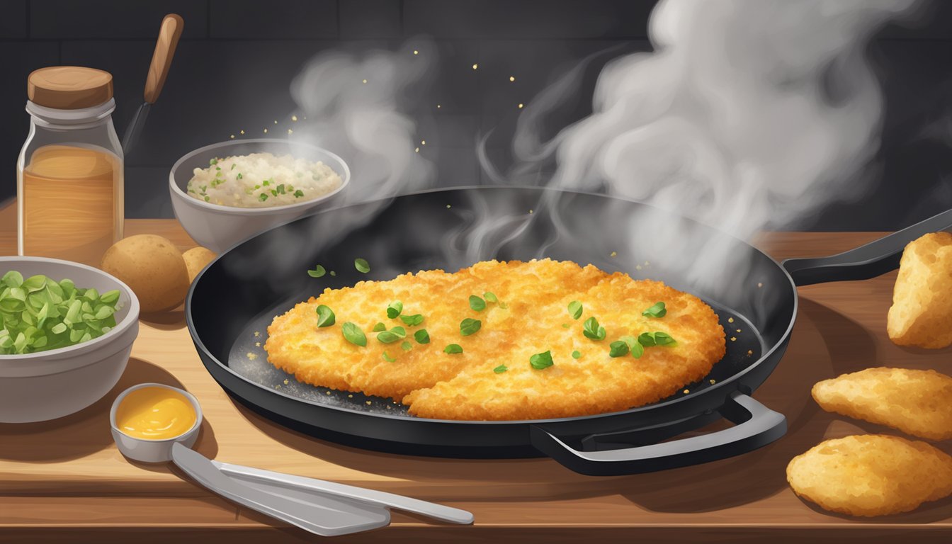 A sizzling hash brown cooks on a griddle, surrounded by steam and the aroma of savory potatoes and golden crispness