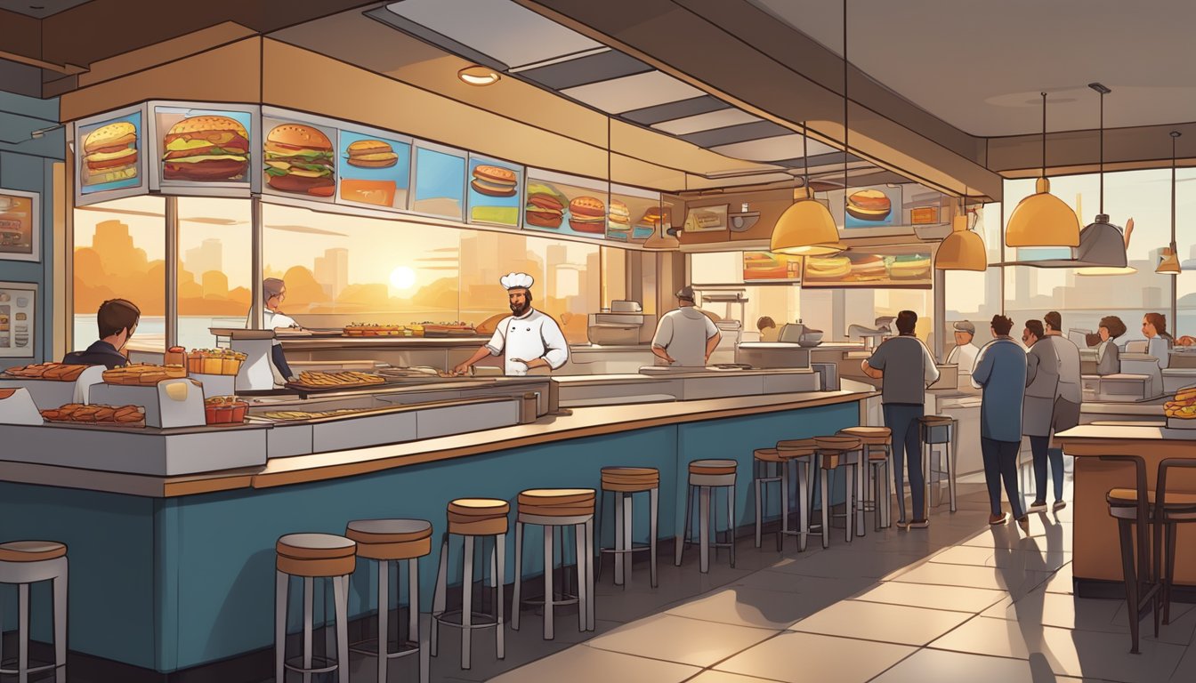 A bustling Burger King restaurant at sunrise, with a chef flipping sizzling bacon and eggs on a hot griddle, while a line of eager customers forms