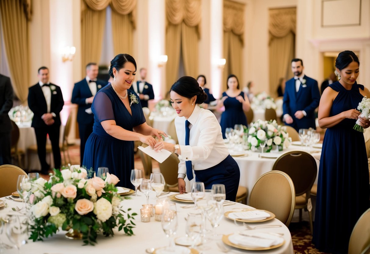A wedding coordinator organizes tables, flowers, and decor in a grand ballroom. A bustling atmosphere with vendors and staff ensuring everything runs smoothly