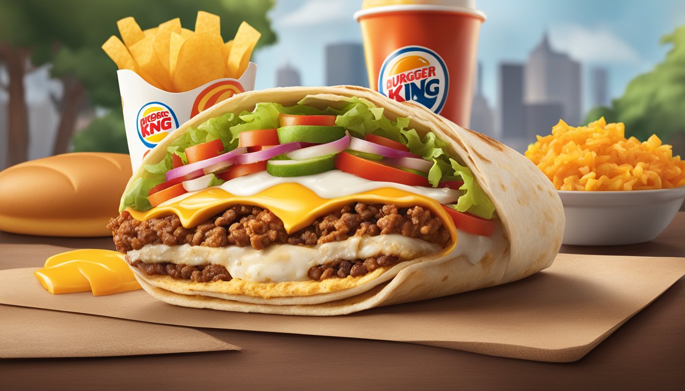 A sizzling breakfast burrito surrounded by a variety of fresh ingredients, with the Burger King logo in the background, showcasing the legacy of BK's breakfast offerings